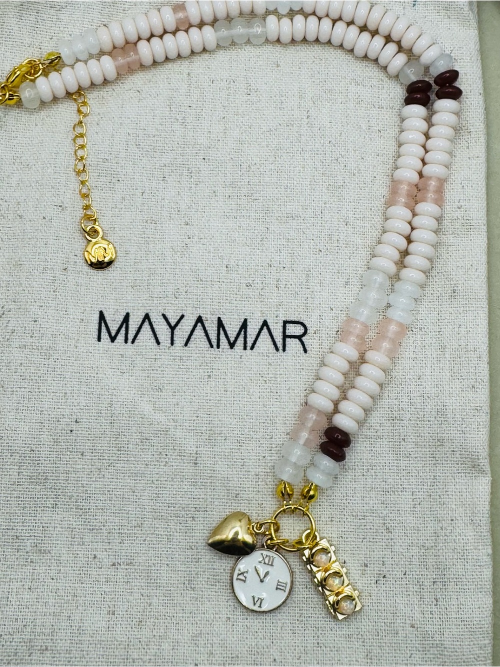 Mayamar Pink & White Beaded Clock/Stoplight Charm Necklace NEW